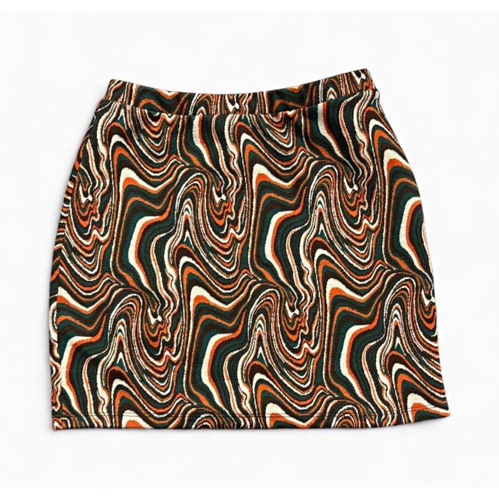 Zara Retro Abstract Swirl Jacquard Knit Mini Skirt Orange Green Small